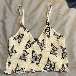 Butterfly Print Smocked White Top Size M